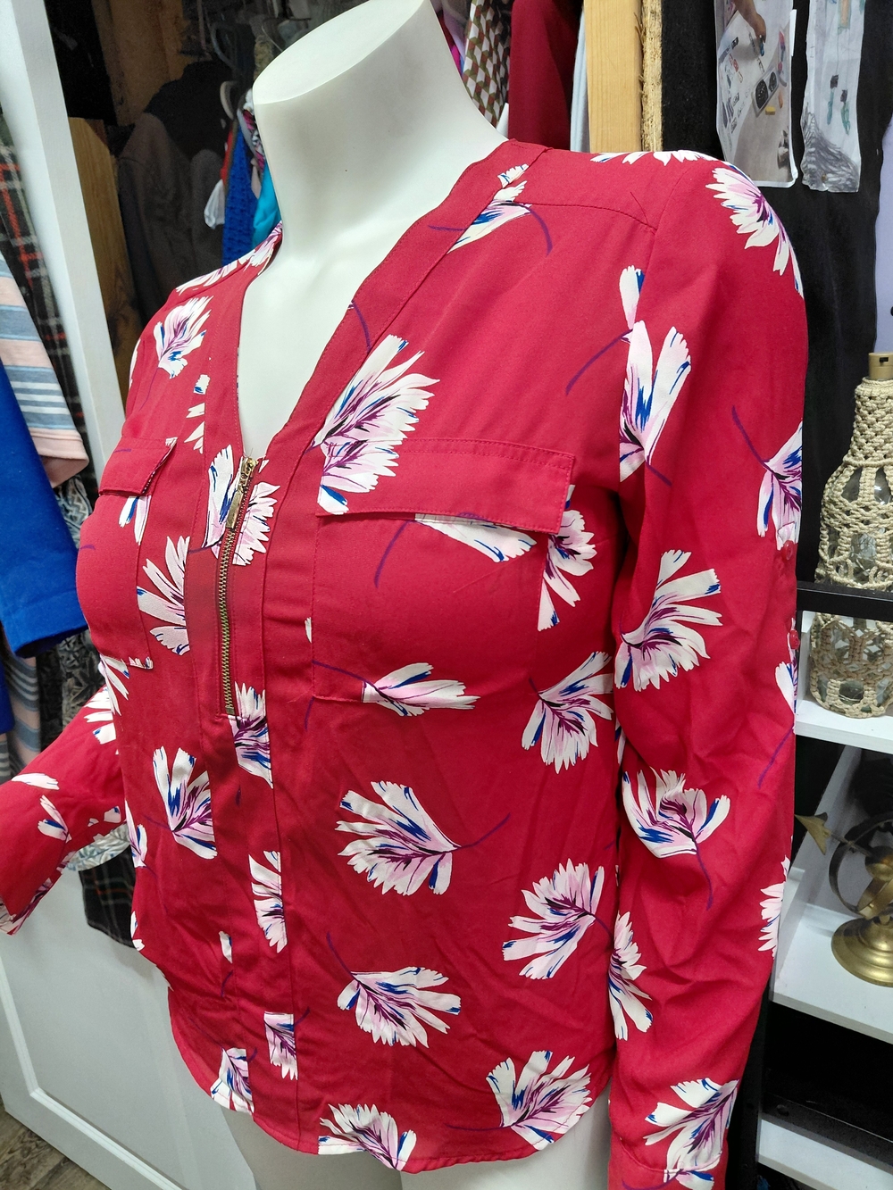 Express Red Floral Zip-Front Blouse